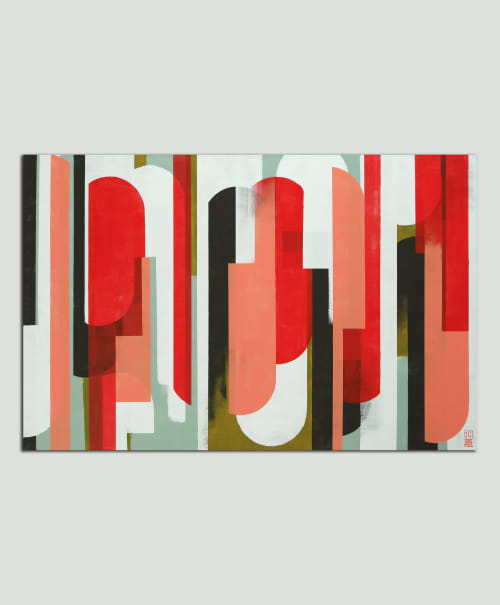 Traffic Red & Pink | Oil And Acrylic Painting in Paintings by Ronald Hunter | Roxier Art Gallery in Rotterdam. Item made of canvas & synthetic