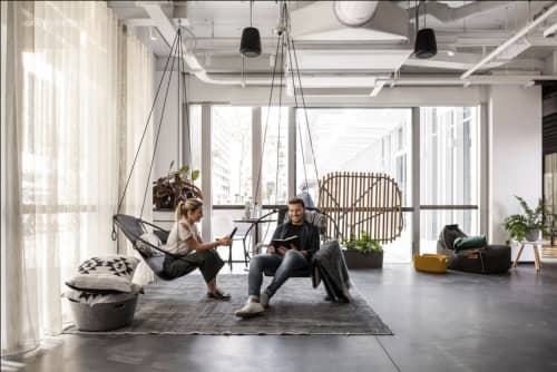 Studio Stirling Sling at Uber Head Office | Swing Chair in Chairs by Studio Stirling | Uber World Headquarters in San Francisco. Item composed of steel & leather compatible with minimalism and modern style