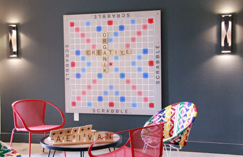 Scrabble Board | Sculptures by Organik Creative | Alexan West Dallas in Dallas. Item made of wood & metal