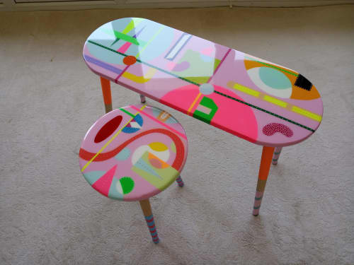 Round Oval Hand Painted Unique Cool Resin Side Coffee Tables | Tables by Epoxy Coffee Table Shop. Item composed of wood in boho or mid century modern style