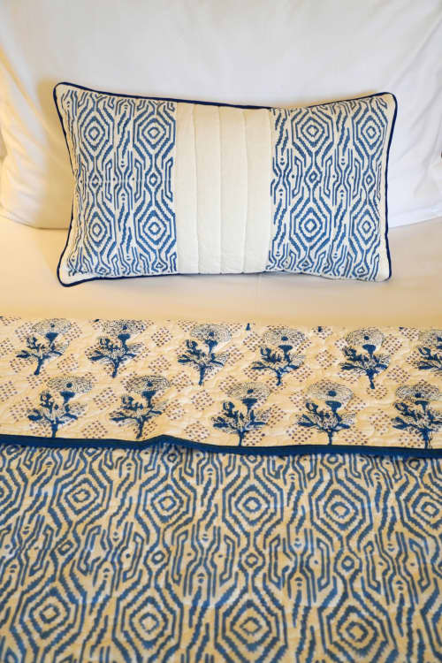 Marigold Indigo Print-on-Print Quilt | Linens & Bedding by Jaipur Bloc House. Item composed of cotton
