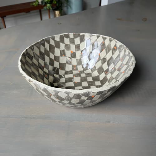Large Stoneware Serving Bowl | Light Grey Checkered Bowl | Serveware by Casa Studio. Item made of stoneware compatible with boho and minimalism style
