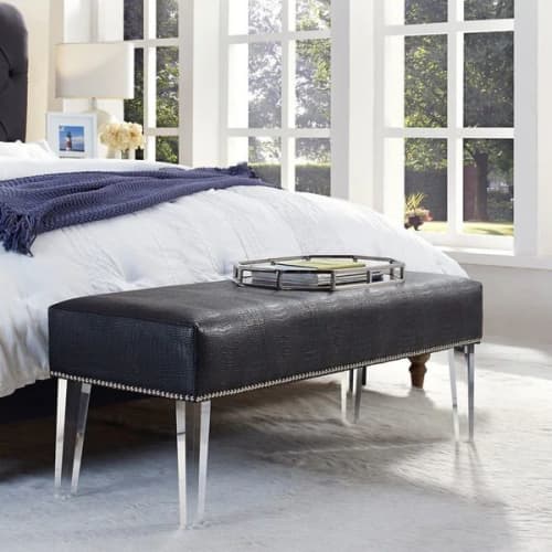 Bench with clear acrylic legs | Benches & Ottomans by PlasticMart. Item made of fabric compatible with minimalism and mid century modern style