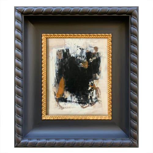 Abstract Black and White Painting in Vintage Mahogany Frame | Oil And Acrylic Painting in Paintings by Suzanne Nicoll Studio. Item composed of wood in mid century modern or contemporary style