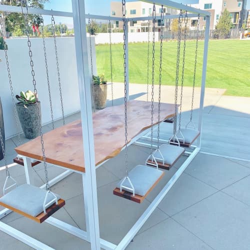 White 8-Seater SwingTable Live-Edge Cedar Slab | Picnic Table in Tables by SwingTables. Item made of wood & steel