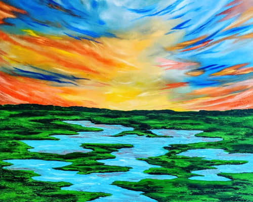 Sunset over the Marsh | Oil And Acrylic Painting in Paintings by Christine Crawford | Christine Creates. Item composed of canvas & synthetic