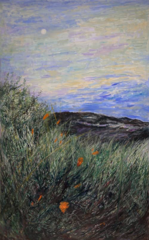 Early Moon With California Poppies | Oil And Acrylic Painting in Paintings by Sally K. Smith. Item made of canvas works with contemporary & coastal style