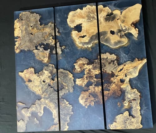 Buckeye Burl and Dark Blue Epoxy Triptych | Wall Sculpture in Wall Hangings by Adrian Vogel. Item made of wood