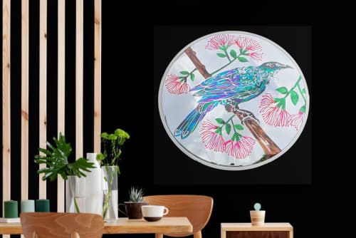 Convex Tui and Pohutukawa Flowers #2 | Mirror in Decorative Objects by Frederick Worrell Art and Design. Item composed of glass