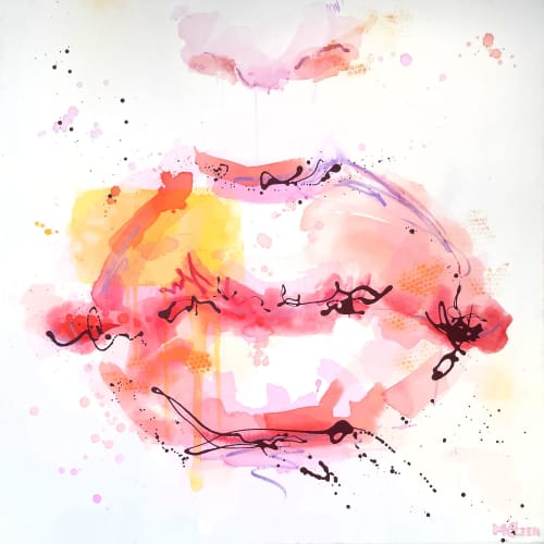 Minimalistic modern handmade painting "red lips" | Oil And Acrylic Painting in Paintings by Monique van Steen | Ocean Drive Ibiza in Eivissa. Item composed of canvas compatible with minimalism and contemporary style