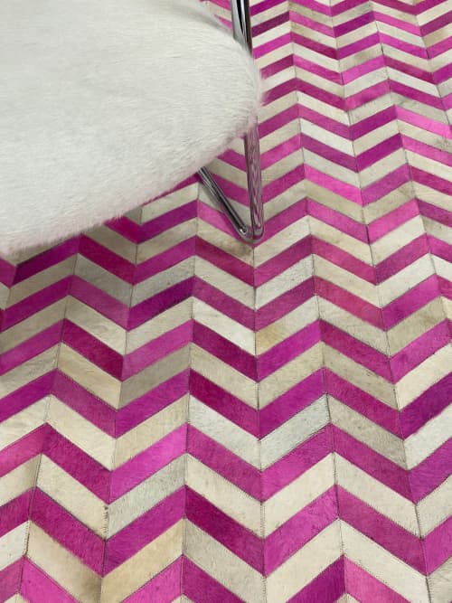 Handmade Patchwork Cowhide Rug, Pink And White Chevron Rug