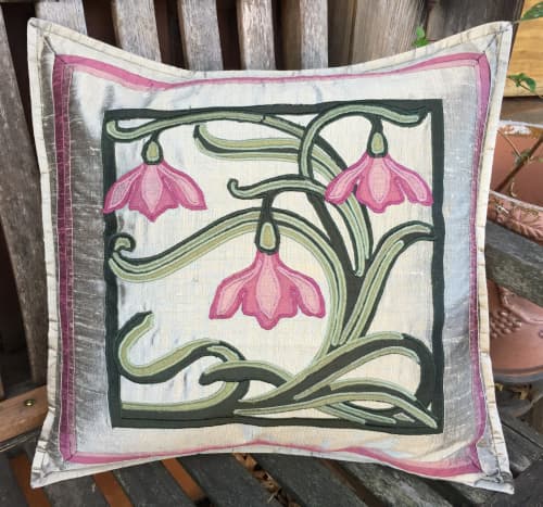 Fuschia Nouveau | Pillow in Pillows by APPLIQUE ARTISTRY. Item made of fabric works with boho & eclectic & maximalism style