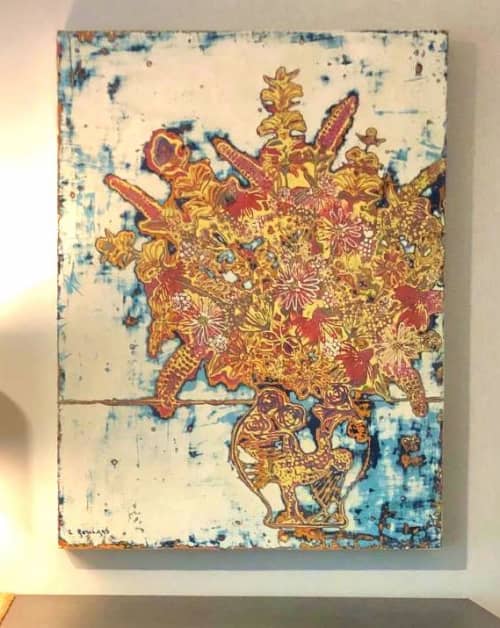 For the Bees - sold, inquire about a similar work of art | Oil And Acrylic Painting in Paintings by L Rowland Contemporary Art. Item made of wood with synthetic