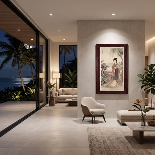 Museum Grade Hand-Painted Silk Art Gongbi Lady Portrait | Oil And Acrylic Painting in Paintings by Dynasty Artisan. Item made of wood with fabric works with contemporary & eclectic & maximalism style