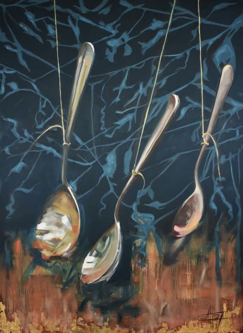 Spoons | Oil And Acrylic Painting in Paintings by Andie Paradis Freeman | Hagood Homes at St. James Plantation in Southport. Item made of wood with synthetic