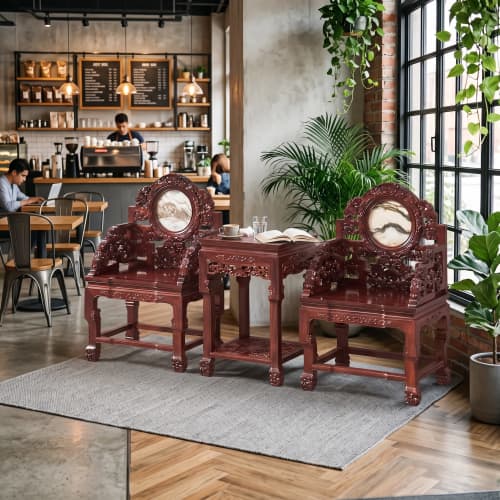 Imperial Cinnabar Ironwood Lingzhi Taishi Chair Trio Set | Armchair in Chairs by Dynasty Artisan. Item made of wood works with contemporary & eclectic & maximalism style