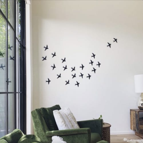 Set of 20 black porcelain ceramic bird wall artwork | Wall Sculpture in Wall Hangings by Elizabeth Prince Ceramics. Item composed of ceramic in minimalism or mid century modern style