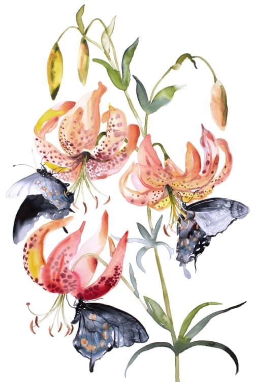 Lilies and Swallowtails : Watercolor Painting on Canvas | Paintings by Elizabeth Becker. Item composed of canvas compatible with minimalism and contemporary style