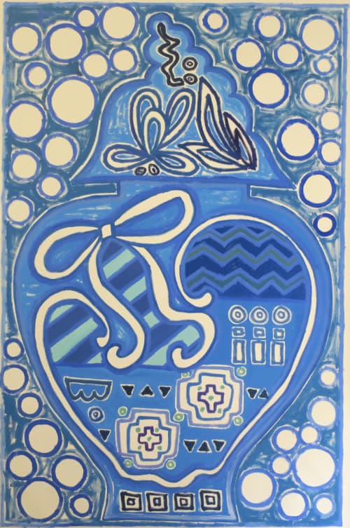 Large blue jar with ribbon | Oil And Acrylic Painting in Paintings by Hikaru O. Item made of canvas works with contemporary & japandi style