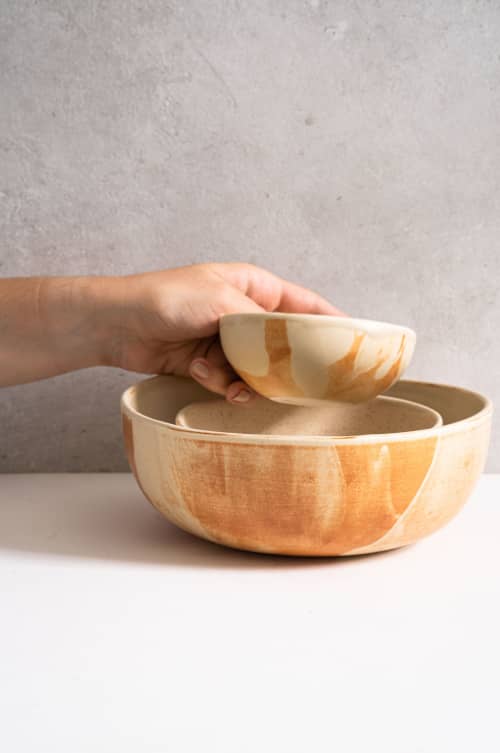 Beige Matte Stoneware Salad Serving Bowl | Serveware by Creating Comfort Lab. Item made of wood