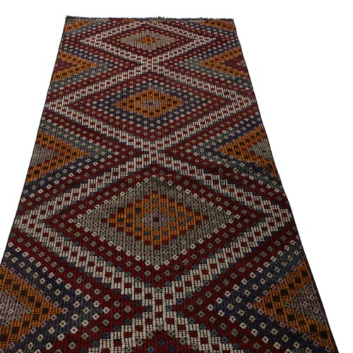 Vintage Mid-Century Geometric Diamond Red Orange and Blue | Area Rug in Rugs by Rug and Kilim