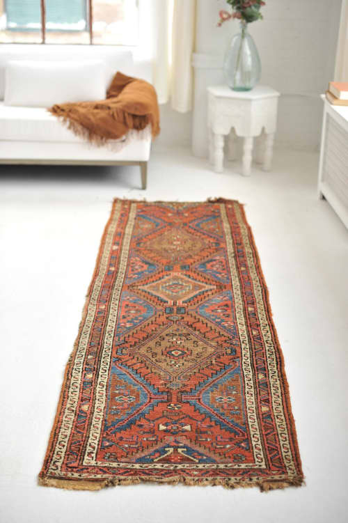 Rusty & French Blue Antique Tribal Village Rug | Runner Rug in Rugs by The Loom House. Item made of fabric with fiber