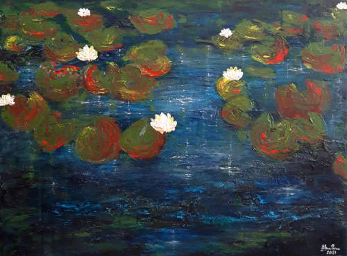 Water lilies in a pond | Oil And Acrylic Painting in Paintings by Elena Parau. Item composed of canvas in boho or contemporary style