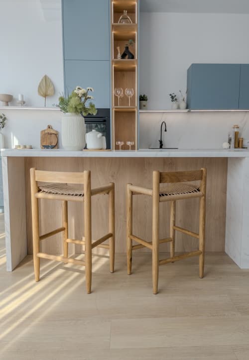 Oak Bar Stool with Woven Cord Seat | Chairs by ColombeFurniture``. Item composed of oak wood in mid century modern style