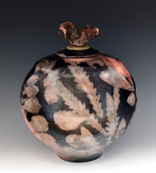 Stoneware vessel urn sagger raku fired B306 250 cubic inches | Vase in Vases & Vessels by Ron Mello Studio Art. Item made of wood with brass