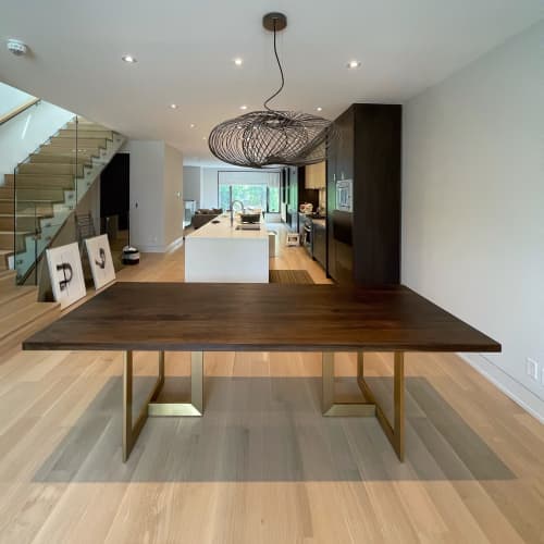 Charcoal Walnut Trio Table | Dining Table in Tables by YJ Interiors. Item made of walnut with brass works with mid century modern & contemporary style