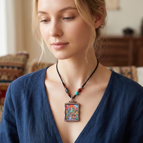 Hand-Painted Green Tara Thangka Solid Silver Locket Pendant | Ornament in Decorative Objects by Dynasty Artisan. Item made of metal works with contemporary & eclectic & maximalism style