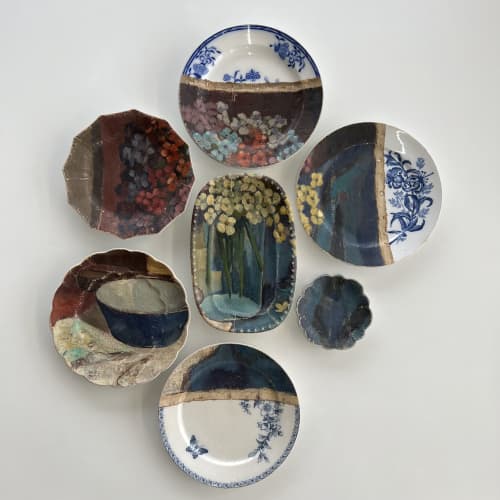 "The Blue Bowl" Contemporary plate art installation | Wall Sculpture in Wall Hangings by Studio DeSimoneWayland. Item composed of canvas and ceramic in boho or country & farmhouse style