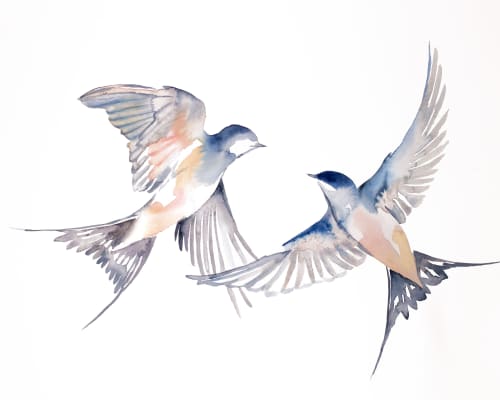 Swallows in Flight No. 44 : Original Watercolor Painting | Paintings by Elizabeth Becker. Item made of paper compatible with minimalism and contemporary style