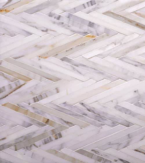 Skinny Chevron Calacatta Gold Mosaic Tile | Tiles by Tile Club. Item composed of marble
