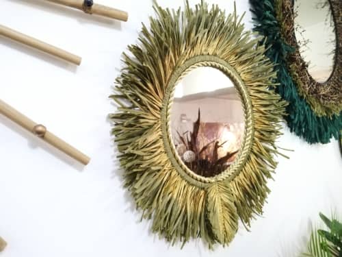 Raffia Mirror, Single Round Raffia Mirror, Boho Mirror | Decorative Objects by Magdyss Boutique. Item composed of cotton & fiber compatible with boho and contemporary style