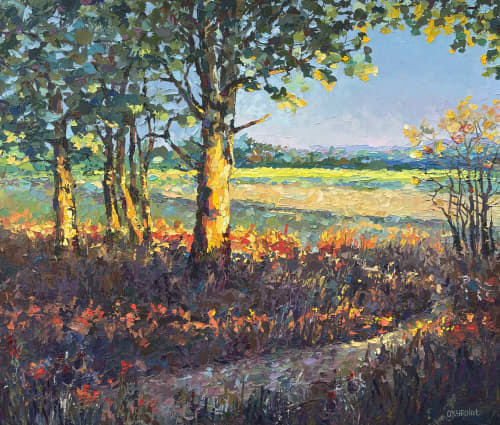 "Golden Hour of Early Autumn" original palette knife oil | Oil And Acrylic Painting in Paintings by OXYPOINT. Item composed of wood and canvas in contemporary or modern style
