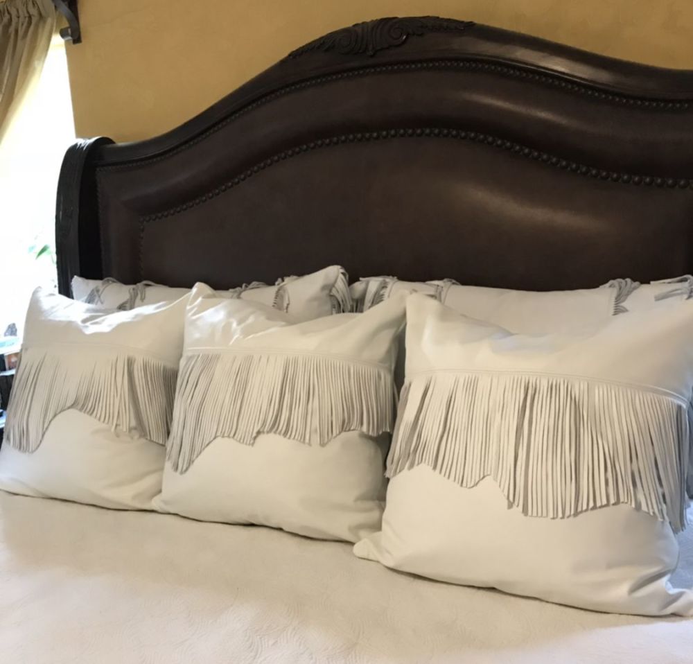 White Leather Fringed Pillow By, White Leather Pillow
