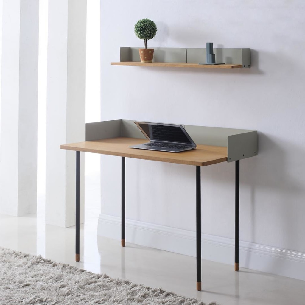 Minimalist art deco revival natural wood desk and shelf