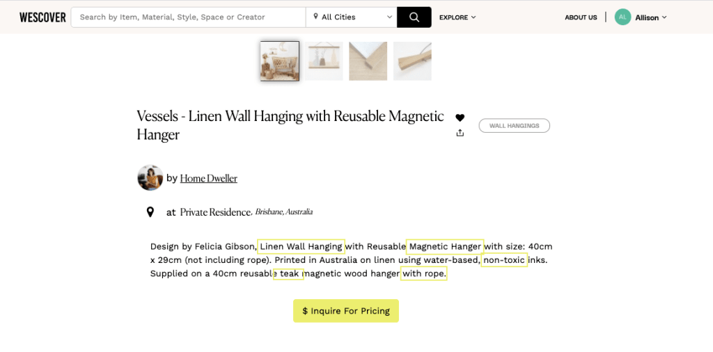 screenshot of wall hanging wescover page with annotations for seo instructions