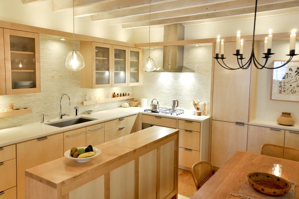 Natural wood kitchen cabinets