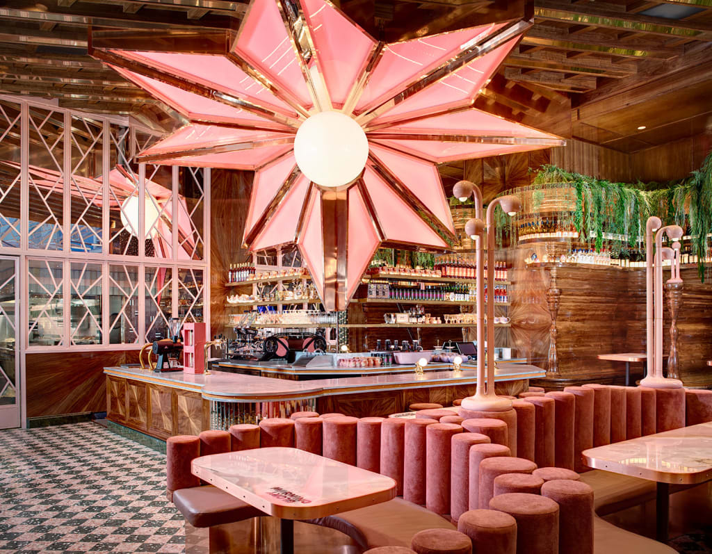 Morning Glory in Little Italy San Diego. Interior by Basile Studio inspire by the 1980s with a palette of muted green and pops of pink. Photos by Zack Benson.