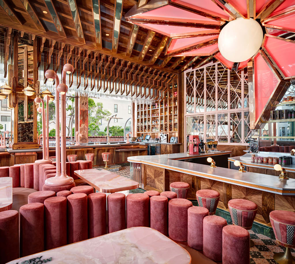 Morning Glory Little Italy San Diego. Interior design by Basile Studio inspire by the 1980s with a palette of muted green and pops of pink. Photos by Zack Benson.
