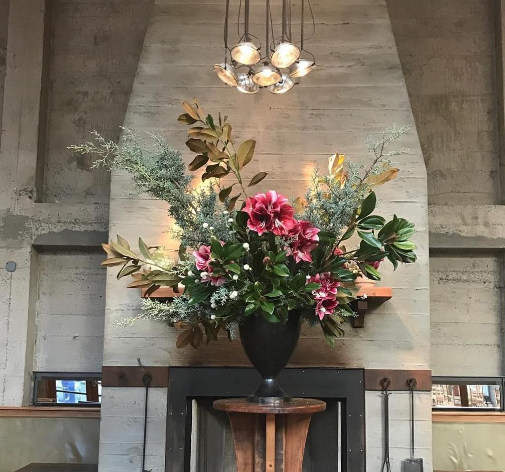 Floral Urns made by Wallflower Design in The Overlook Lounge in Oakland, CA. As seen on Wescover.
