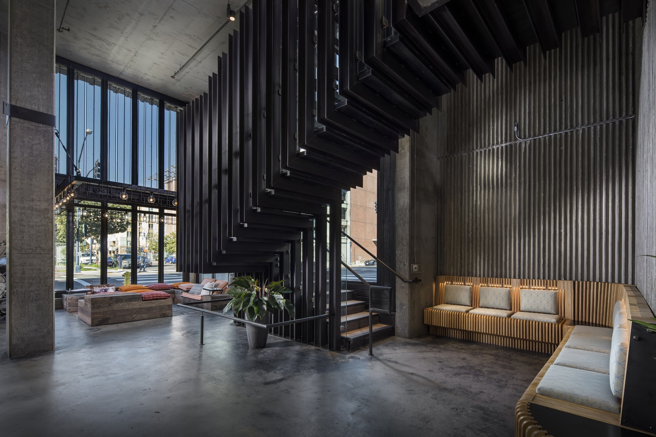 Industrial age common areas of mixed-use residential property Broadstone Makers Quarter created by Basile Studios. Image by Adrian Tiemens.