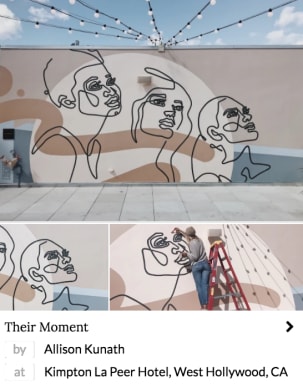 Pale street mural with black human outlines by Allison Kunath