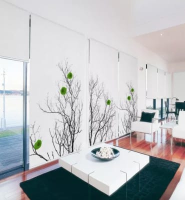 Photography, wall treatment, art, handmade, atlanta photographer, modern minimalist window treatment with trees and green leaves, eco-art window treatments e=