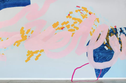 abstract pink, yellow, and blue mural in Youtube LLC San Bruno by Heather Day