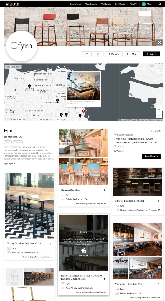 Where to find Fyrn chairs in San Francisco. Fyrn page of their Wescover map.