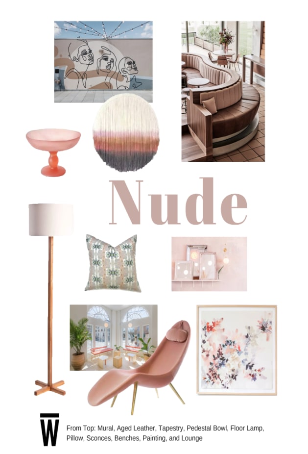 From Top: Mural, Aged Leather, Tapestry, Pedestal Bowl, Floor Lamp, Pillow, Sconces, Benches, Painting, and Lounge
