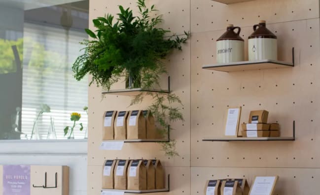 Pegboard Wall System by Yvonne Mouser as seen in Front Cafe in San Francisco.